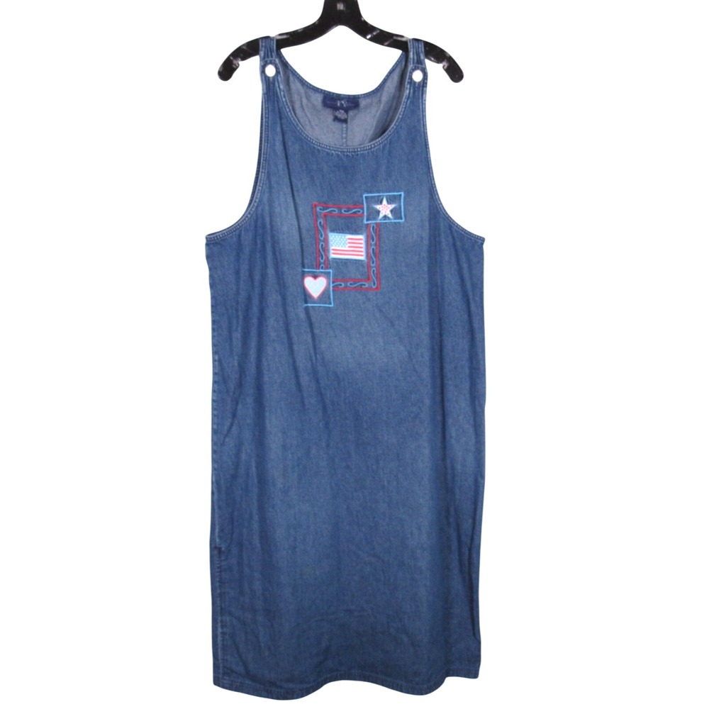 VTG ORIGINAL TY WEAR Denim AMERICAN FLAG Cottagecore OVERALL JUMPER DRESS Sz 16W